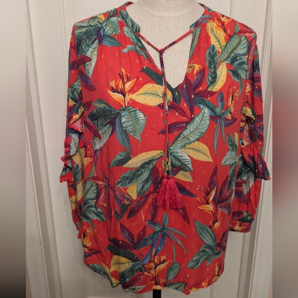 Chico's Vibrant Red Floral Blouse